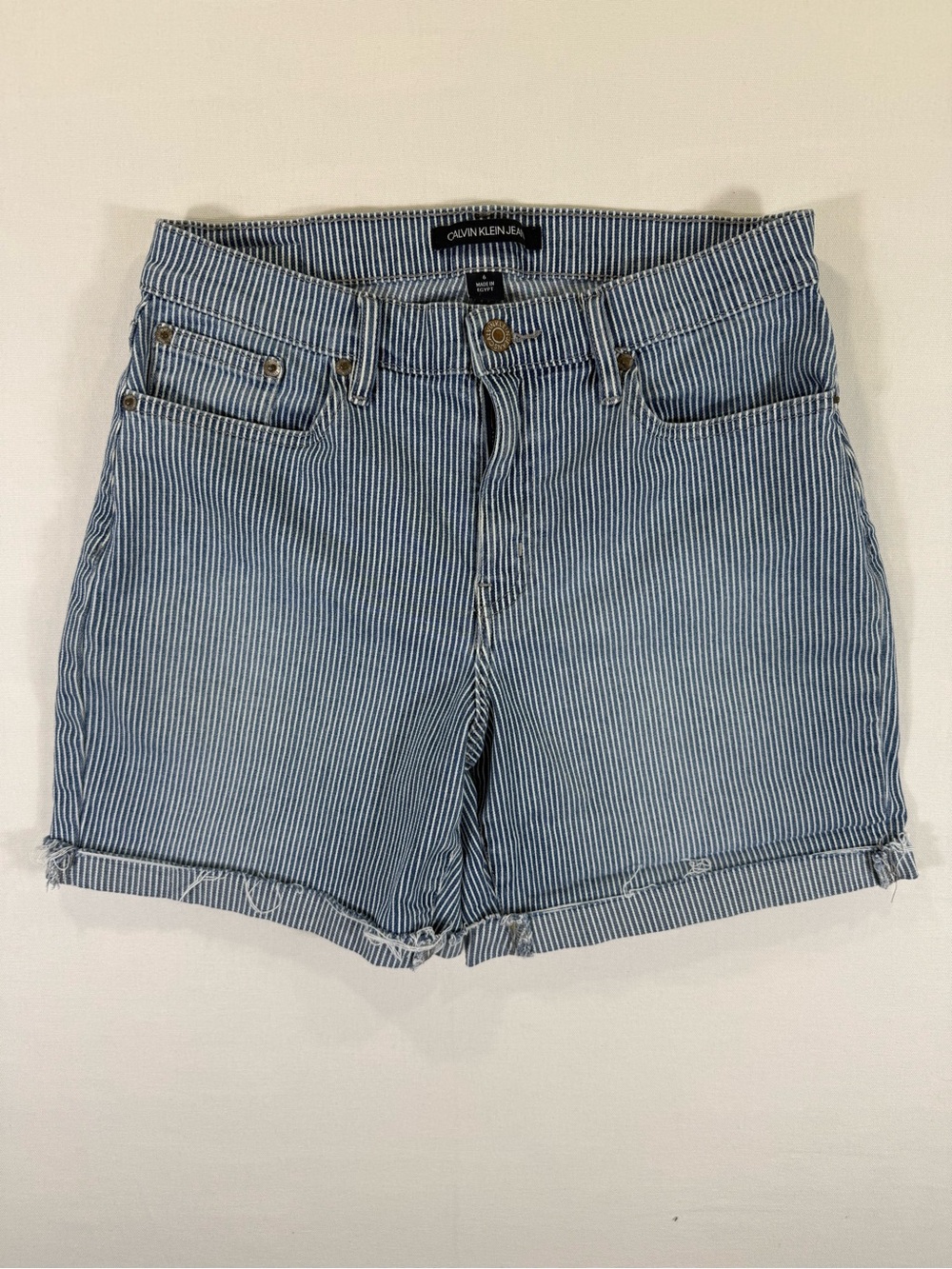 Calvin Klein Jeans Blue & White Striped High-Rise Denim Shorts